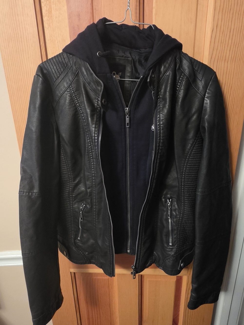 Black Faux Leather Moto Jacket with Attached Hoodie